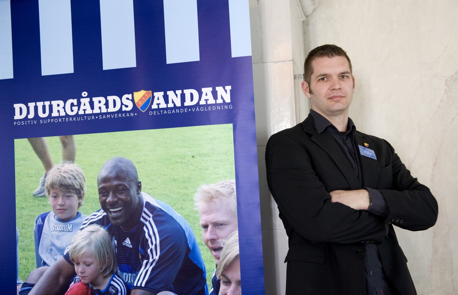 Patrik Asplund, initiativtagare till Djurgårdsandan, presenterade 2015 april ett samarbete mellan fyra europeiska fotbollsklubbar för att skapa en positivare supporterkultur. Foto: Henrik Montgomery