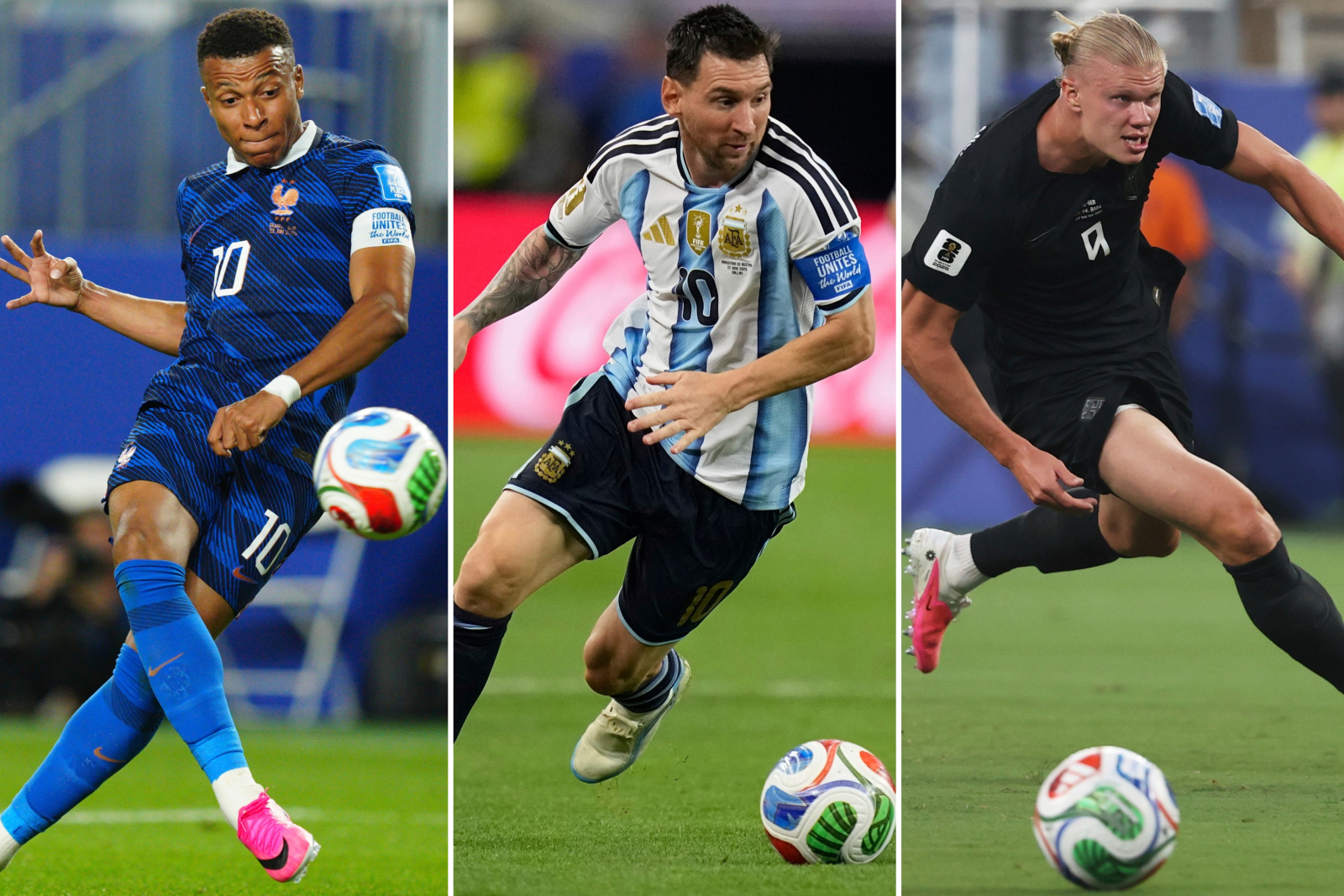 Stjärnorna. Kylian Mbappe, Lionel Messi och Erling Haaland. Foto:AP Photo