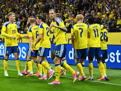 s Gemensam glädje. Spelarna jublar efter Gustaf Nilssons 2-1-mål (nr25) Foto: Claudio Bresciani / TT