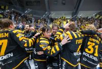 Lyckliga svenska mästare firar SM-vinsten tillsammans med sin publik. Pär Bäckström/TT