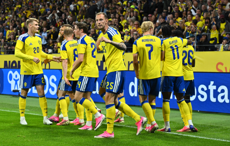 s Gemensam glädje. Spelarna jublar efter Gustaf Nilssons 2-1-mål (nr25) Foto: Claudio Bresciani / TT